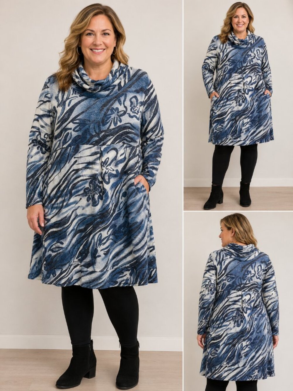 Dolcezza Abstract Floral Cowl Neck Dress Women’s Large Blue White Long Sleeve